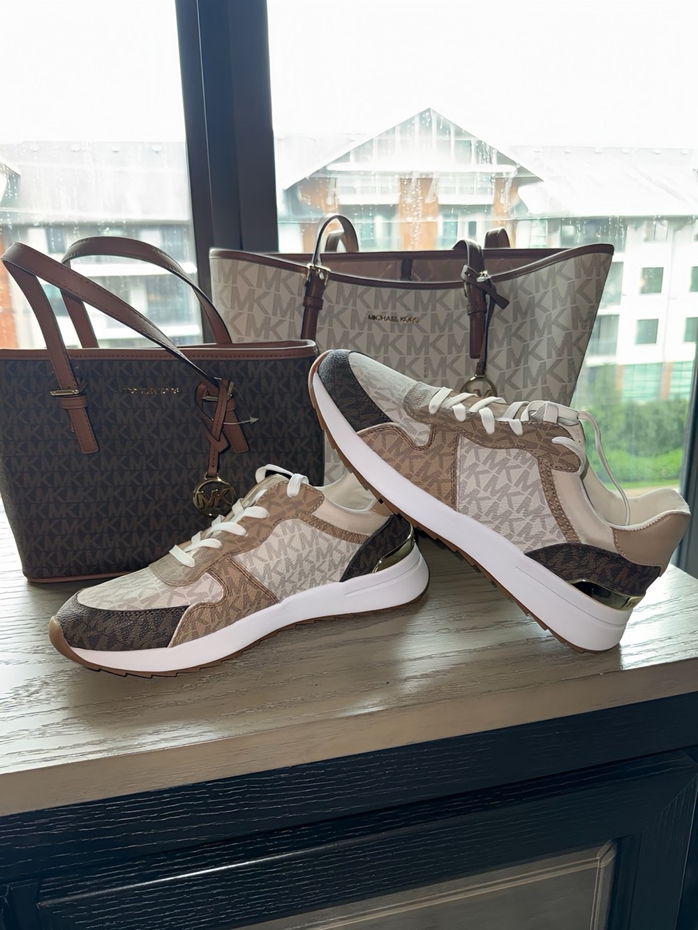 Michael Kors Beige Brown White Logo-Print Lace-Up Sneakers